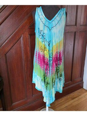 Tie Dye Floral Sleeveless Dress With V-Neckline Multicolor Free Size Lightweight